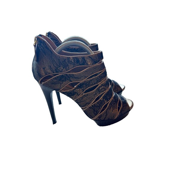 Elie Tahari Women's 38 7.5 Peep Toe Gold Black Lace Zip Pumps Leather 5" Heel - Picture 3 of 10